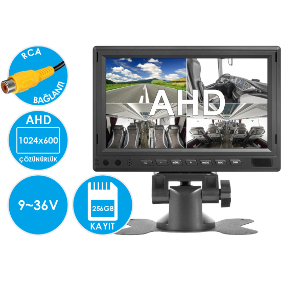 Nicecam NC650R Dört Video Girişli SD Kart Kayıtlı Güneşlikli AHD 7 Inch Quad Araç Monitörü resmi