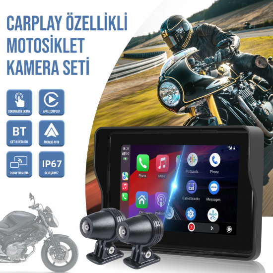 Nicecam NC-422CP 1080P 2 Kameralı Apple Carplay & Android Auto Özellikli Motosiklet Kamera Seti resmi
